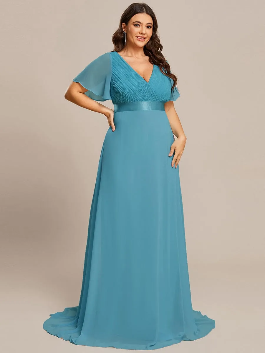 Monica | Plus Size Empire Waist V Back Bridesmaid Dress with Short Sleeves