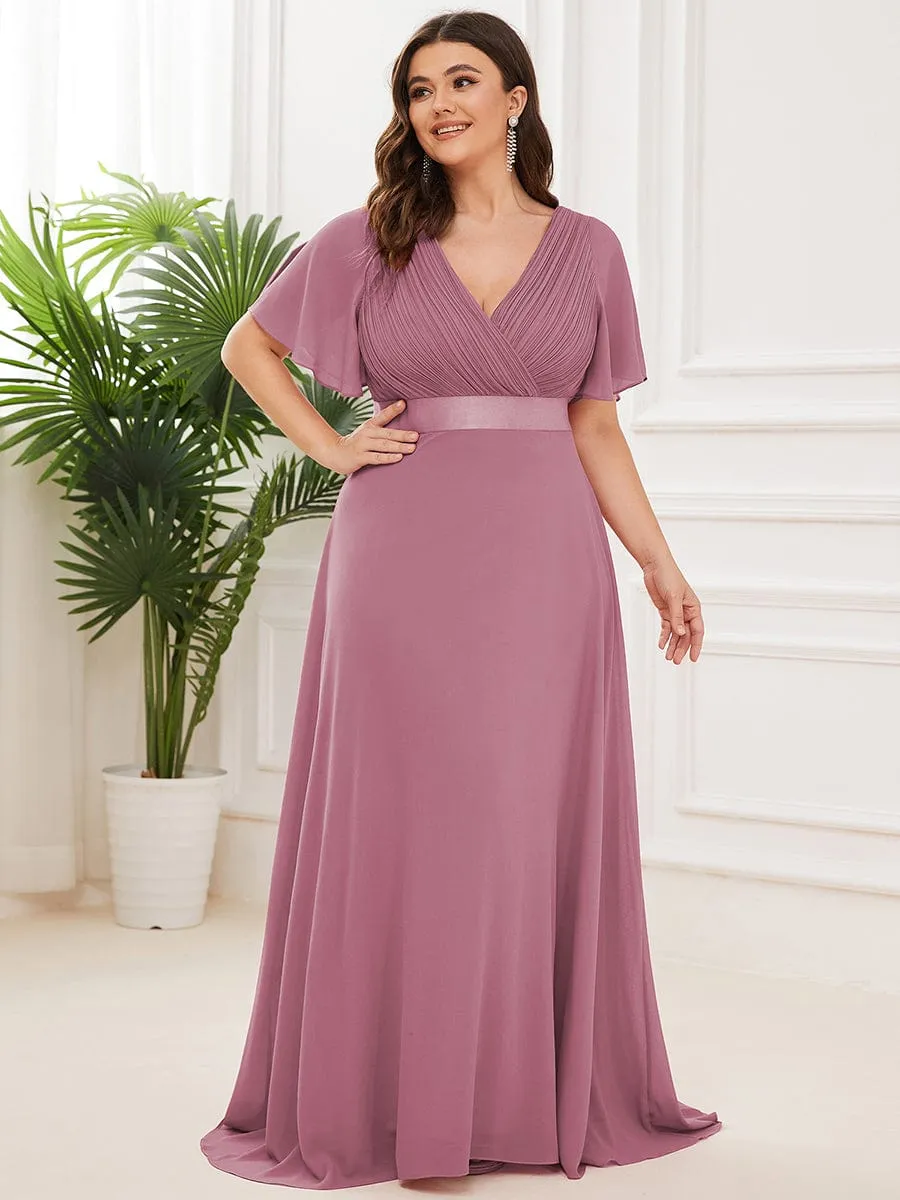 Monica | Plus Size Empire Waist V Back Bridesmaid Dress with Short Sleeves