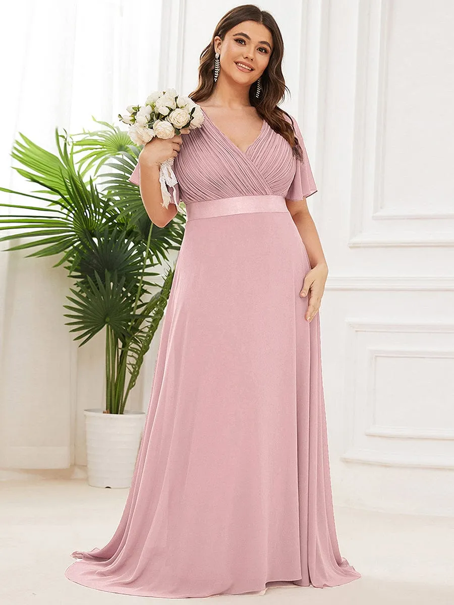 Monica | Plus Size Empire Waist V Back Bridesmaid Dress with Short Sleeves