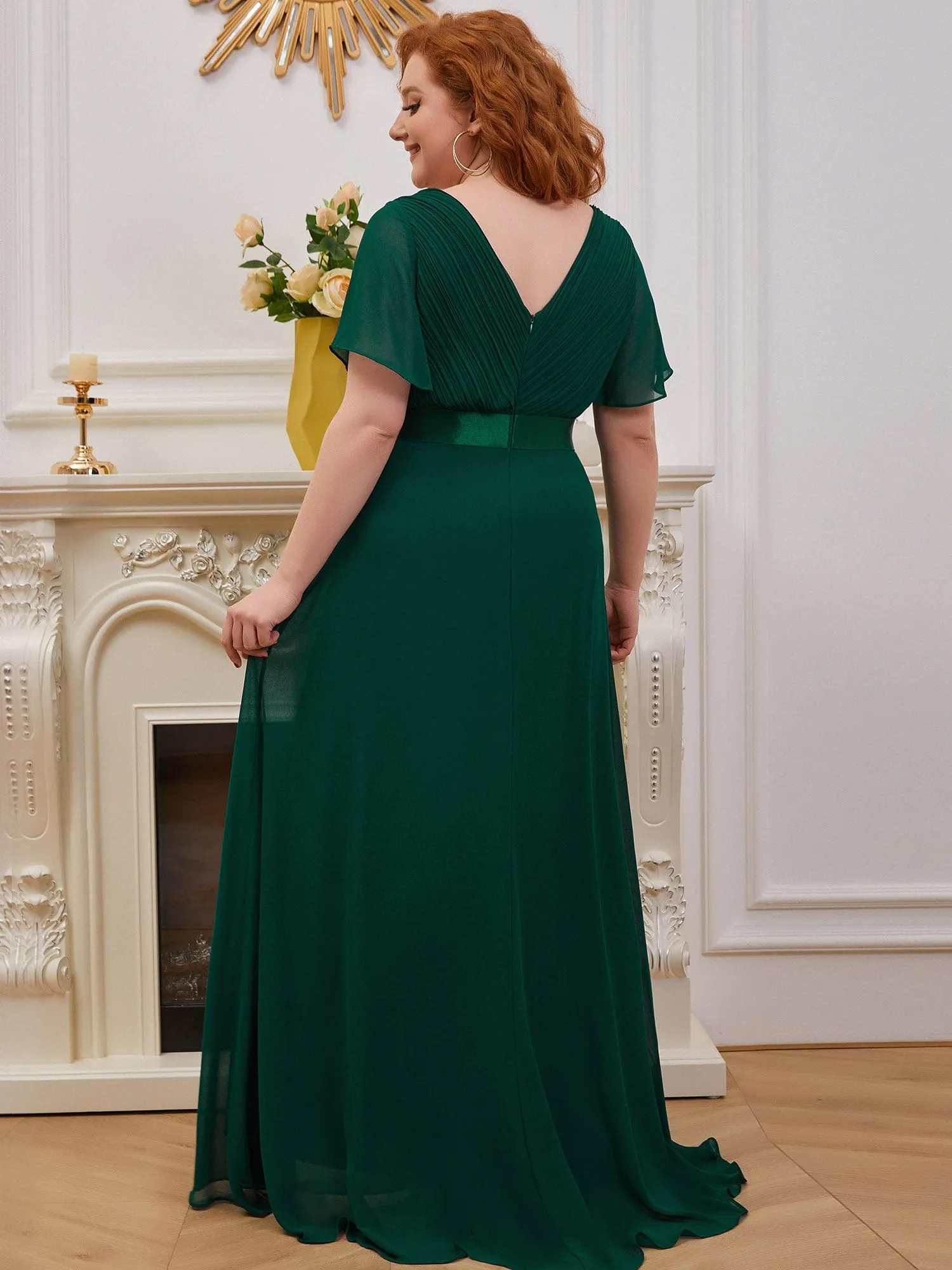 Monica | Plus Size Empire Waist V Back Bridesmaid Dress with Short Sleeves