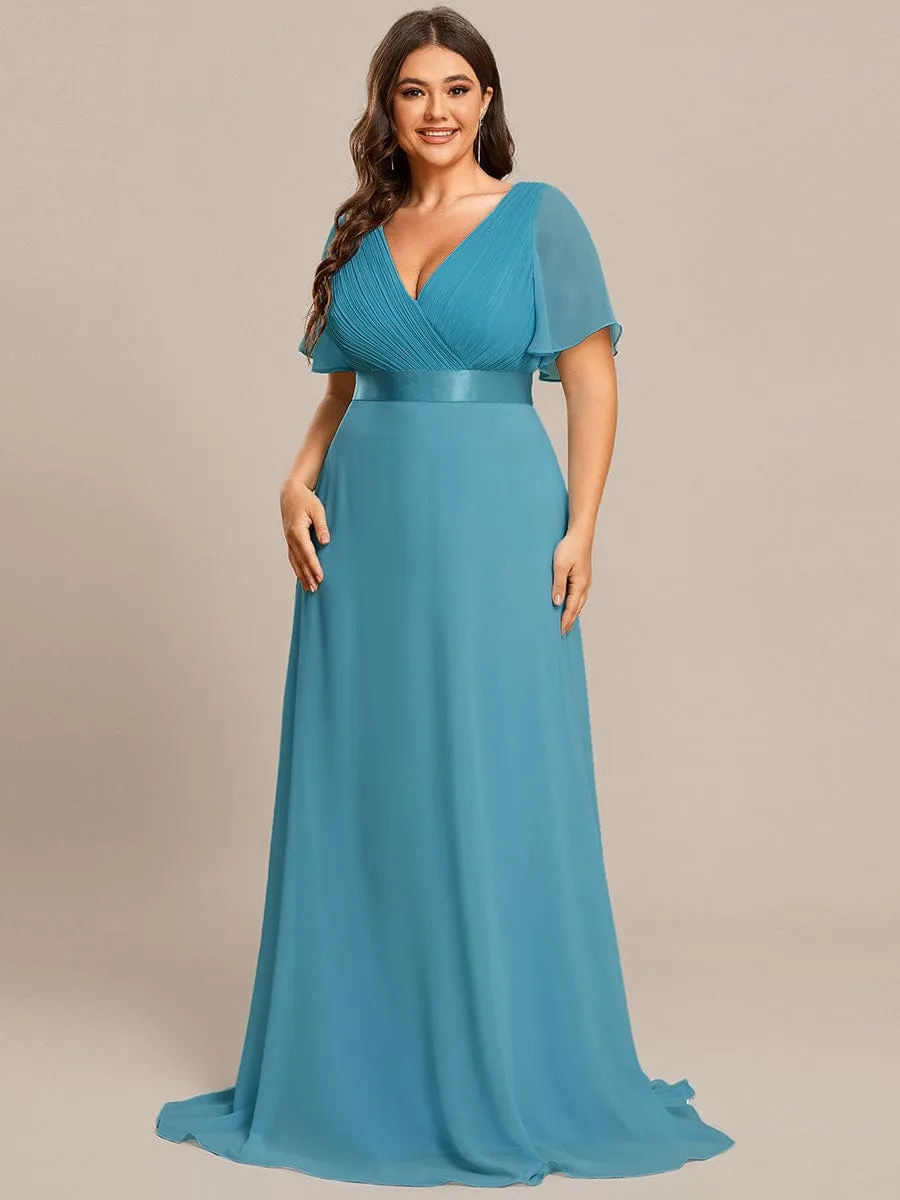 Monica | Plus Size Empire Waist V Back Bridesmaid Dress with Short Sleeves