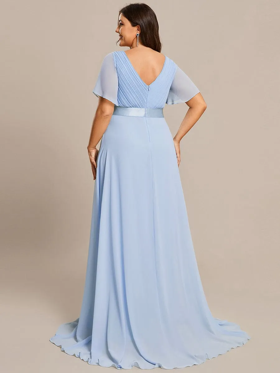 Monica | Plus Size Empire Waist V Back Bridesmaid Dress with Short Sleeves