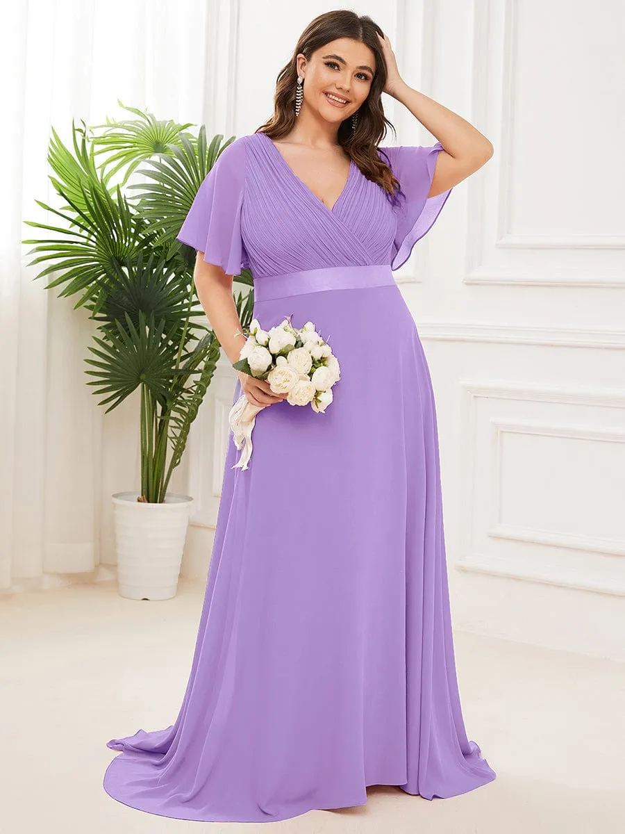 Monica | Plus Size Empire Waist V Back Bridesmaid Dress with Short Sleeves