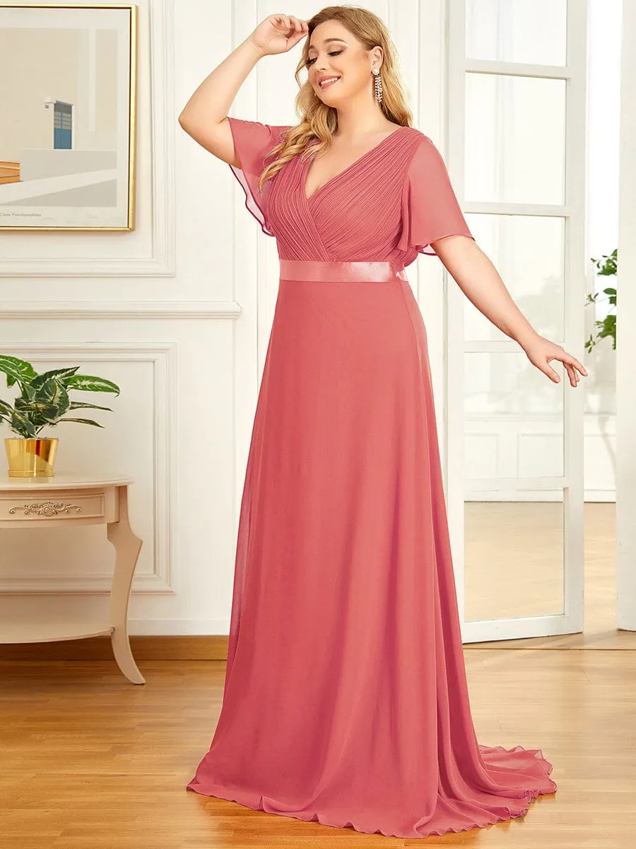 Monica | Plus Size Empire Waist V Back Bridesmaid Dress with Short Sleeves