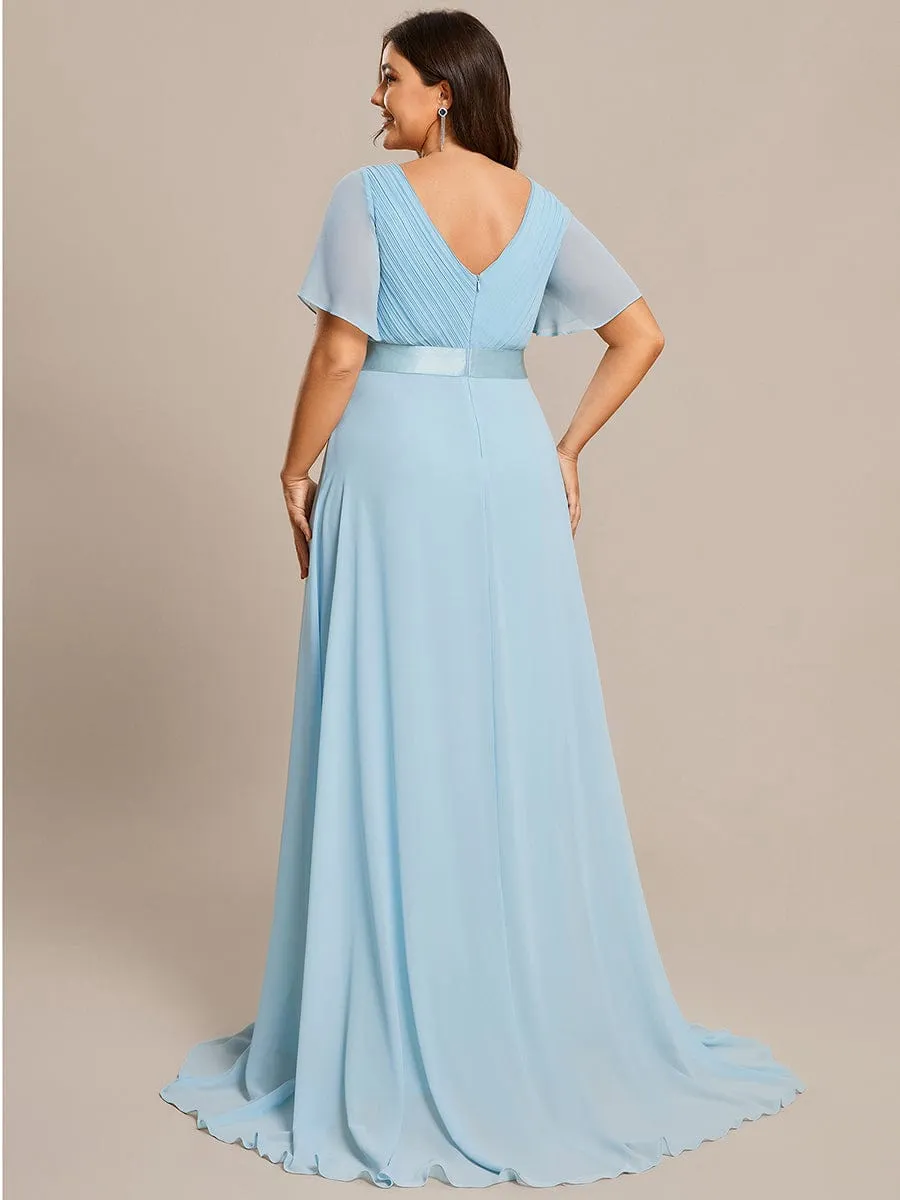 Monica | Plus Size Empire Waist V Back Bridesmaid Dress with Short Sleeves