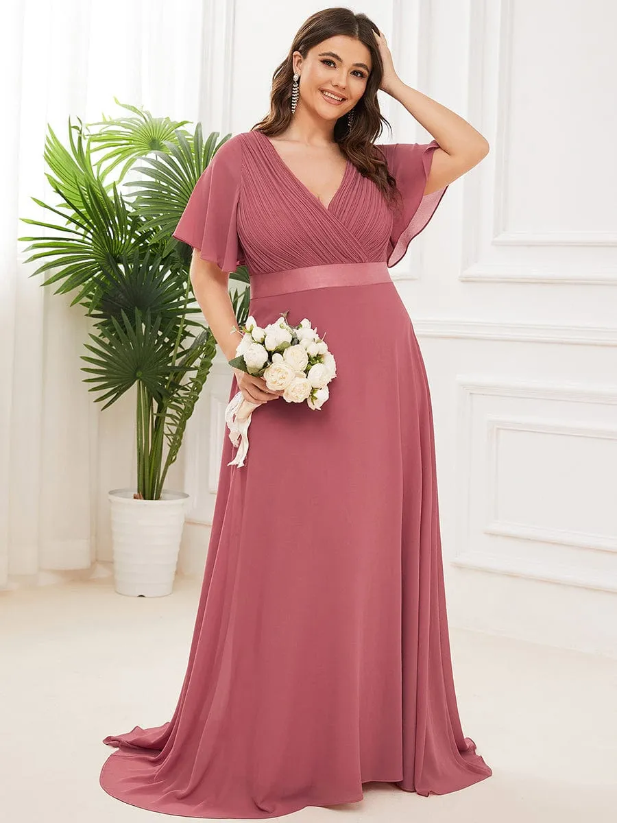 Monica | Plus Size Empire Waist V Back Bridesmaid Dress with Short Sleeves