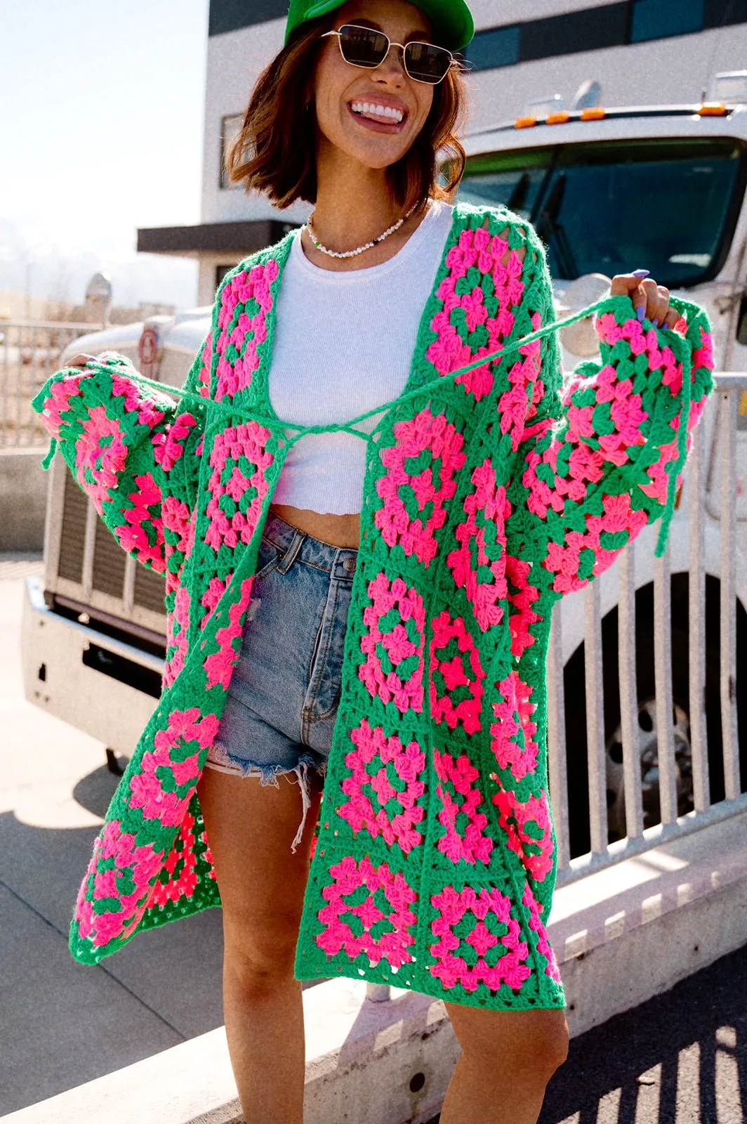 Oversized Granny Square Crochet Cardigan in Neon Watermelon