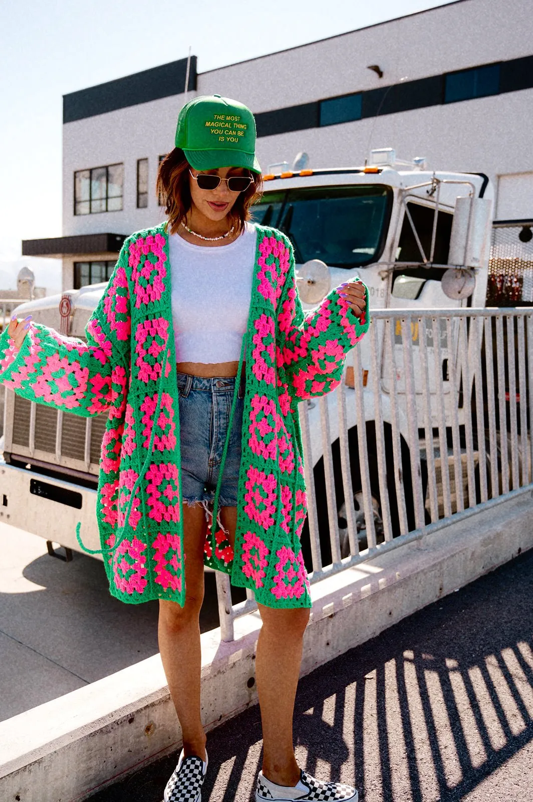 Oversized Granny Square Crochet Cardigan in Neon Watermelon