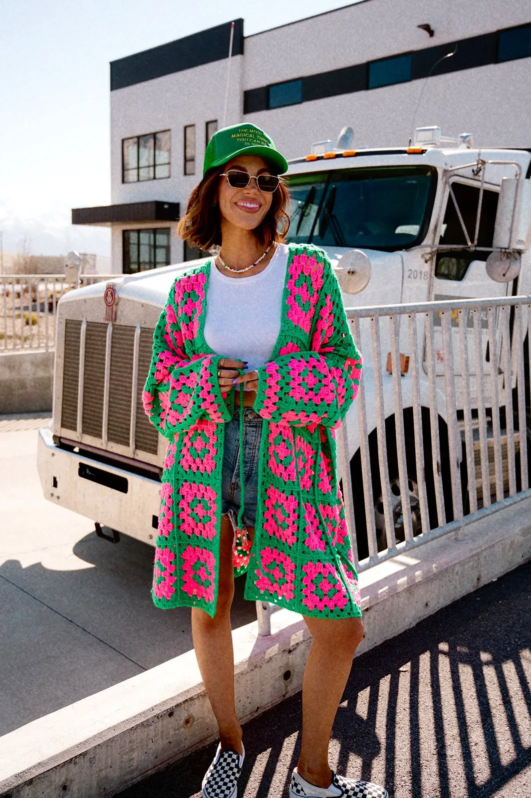 Oversized Granny Square Crochet Cardigan in Neon Watermelon