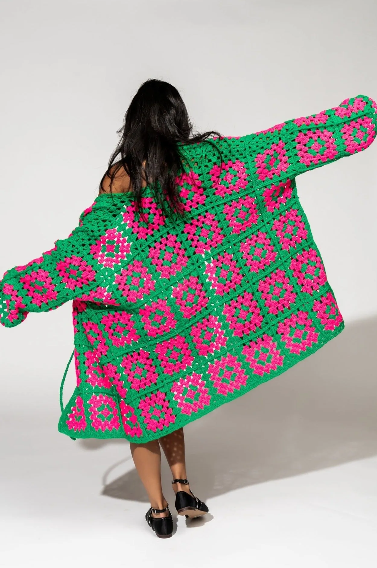 Oversized Granny Square Crochet Cardigan in Neon Watermelon