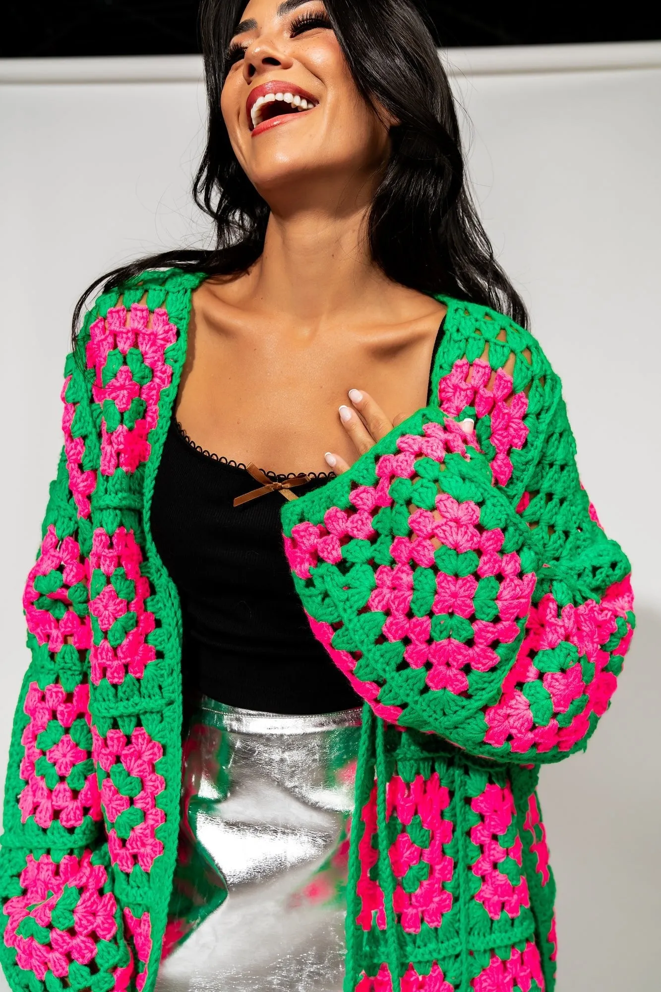 Oversized Granny Square Crochet Cardigan in Neon Watermelon