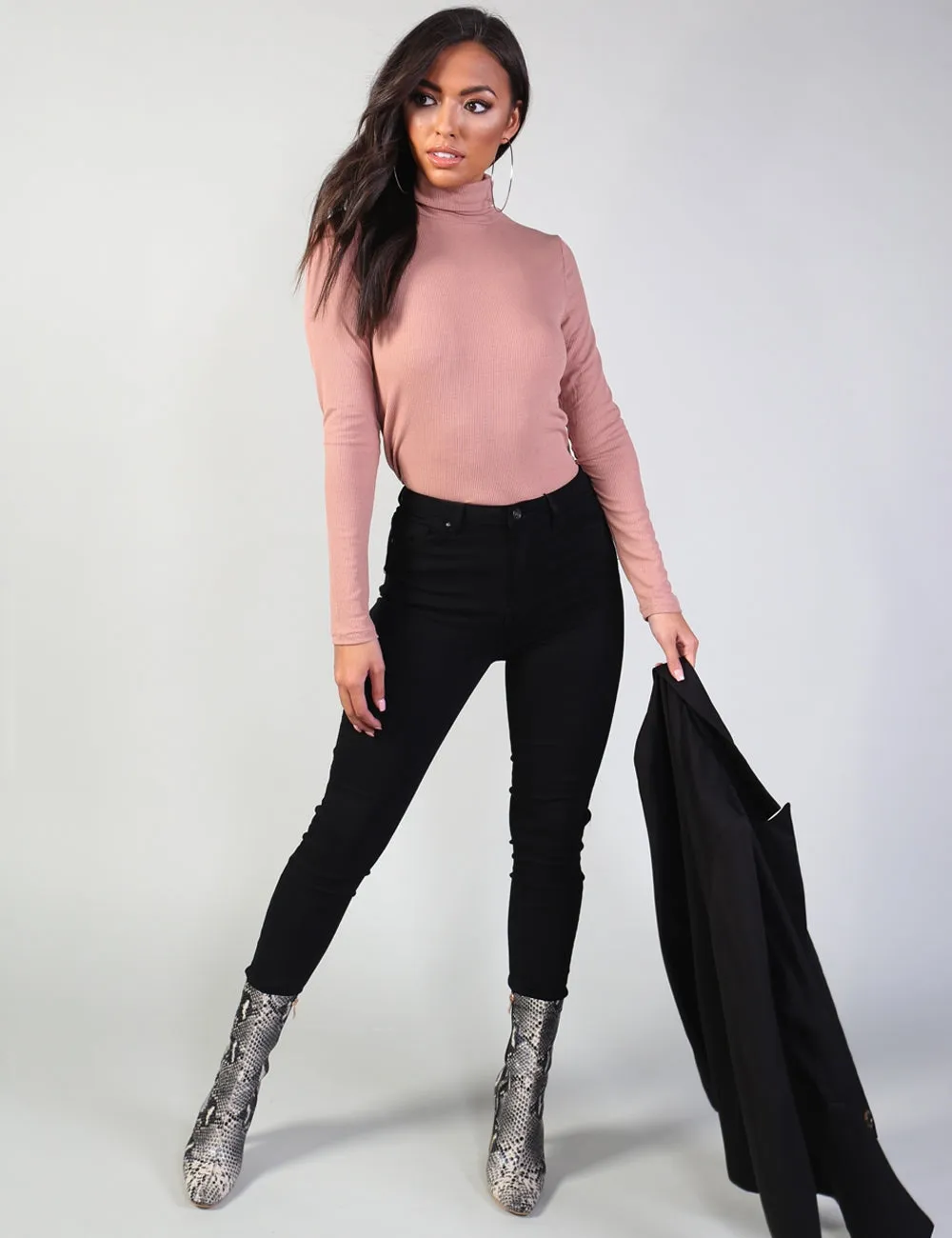 Pink Rib Roll Neck Top