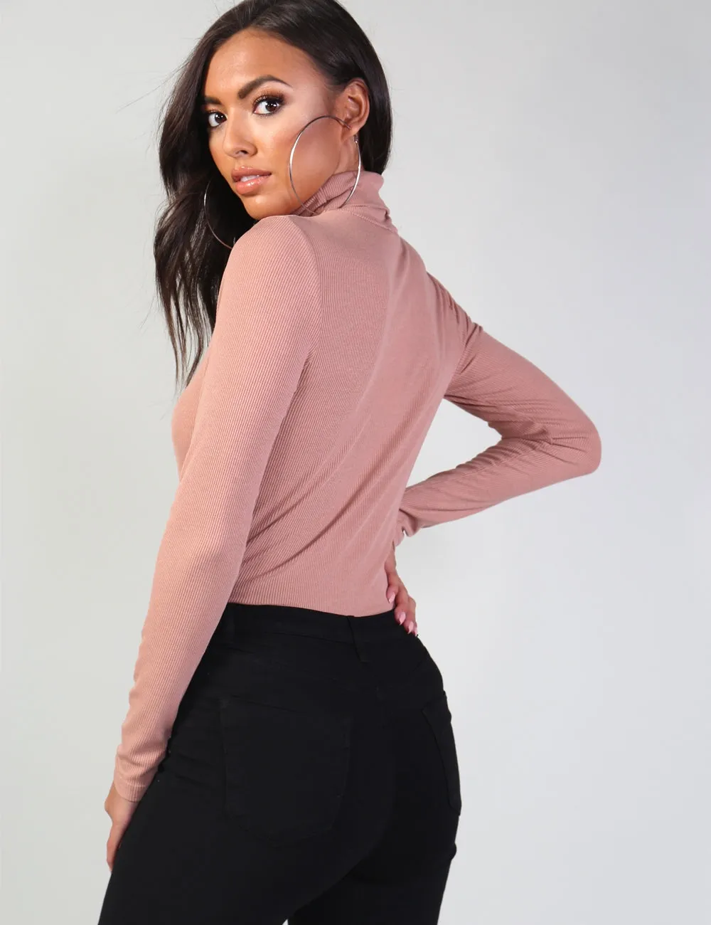 Pink Rib Roll Neck Top