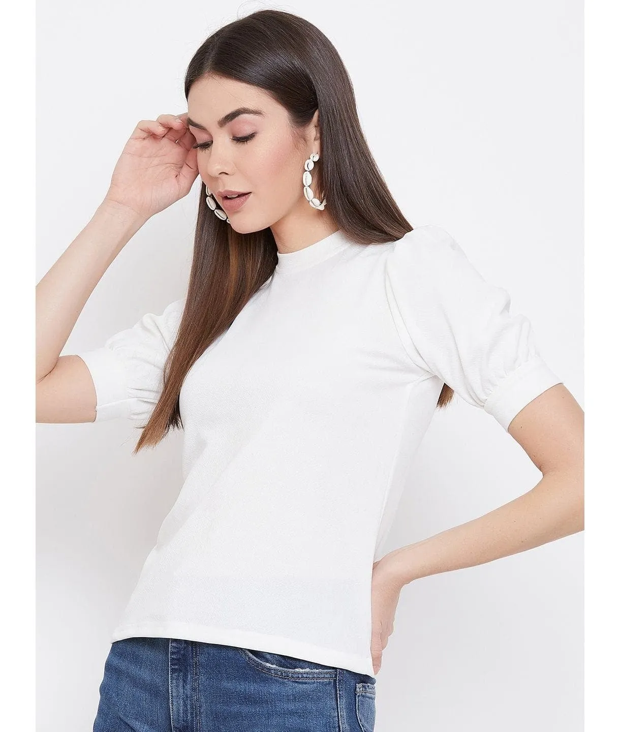 Plus Cotton Solid Stretchable Puff Sleeve Top