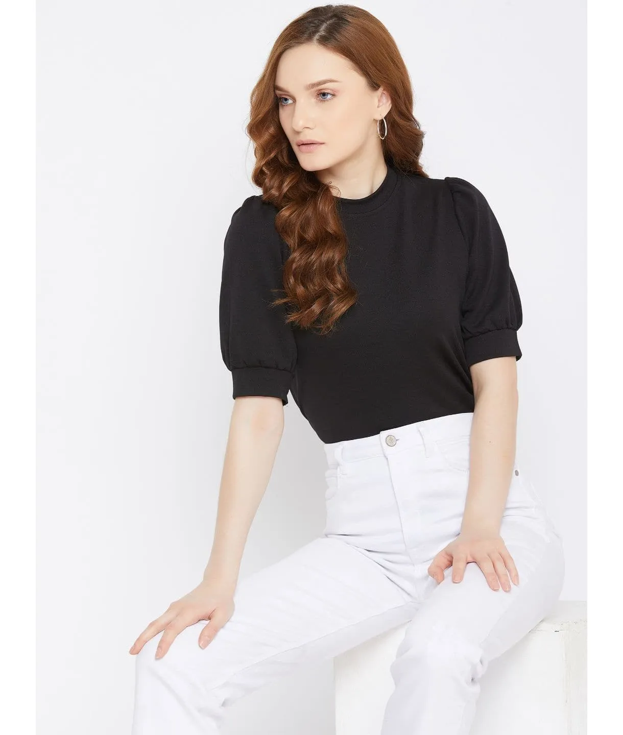 Plus Cotton Solid Stretchable Puff Sleeve Top