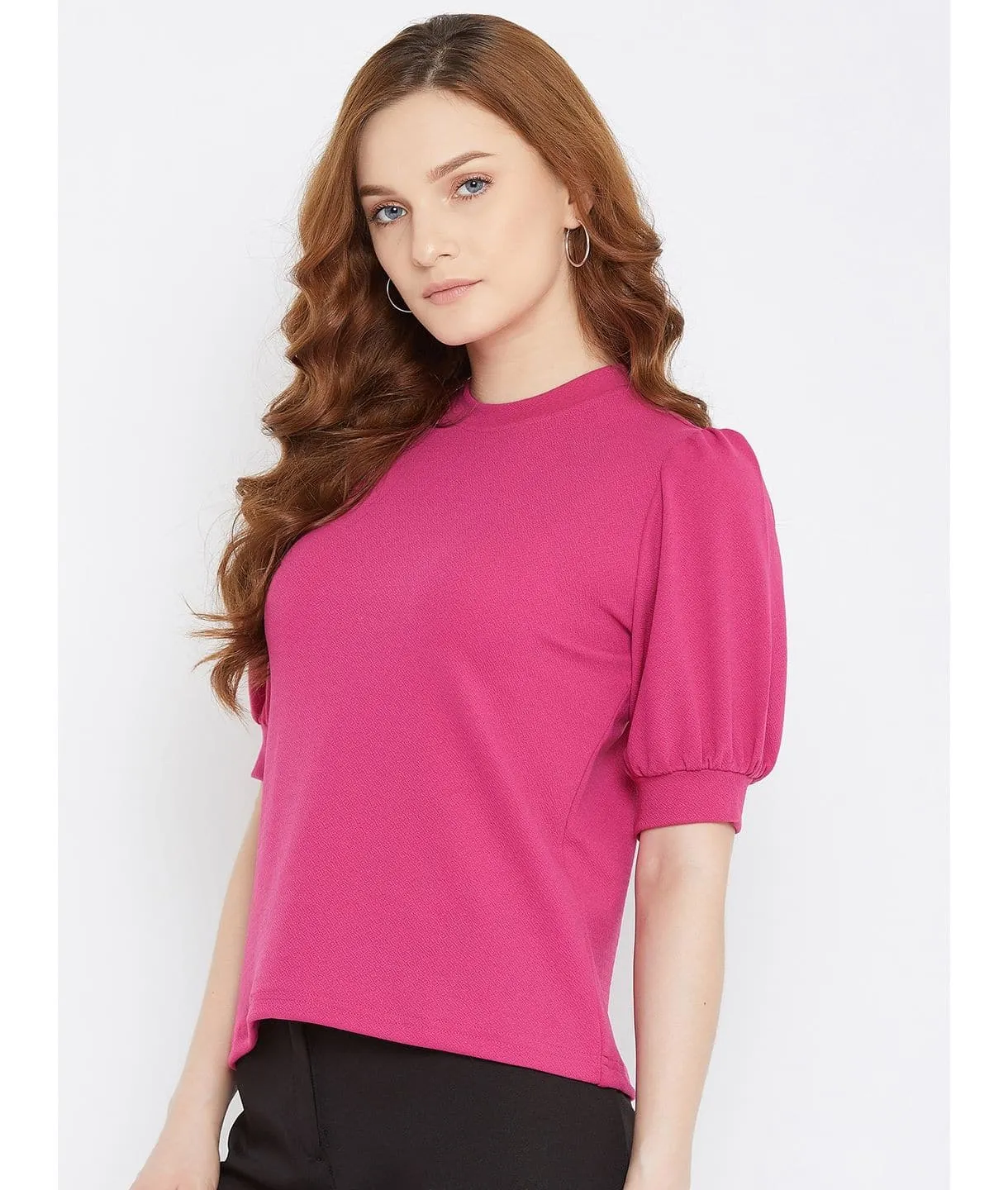 Plus Cotton Solid Stretchable Puff Sleeve Top