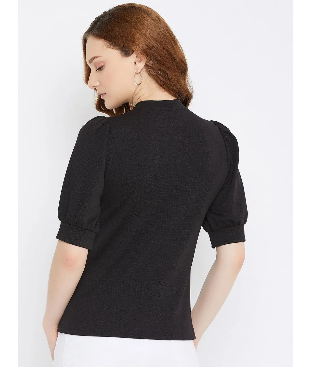 Plus Cotton Solid Stretchable Puff Sleeve Top