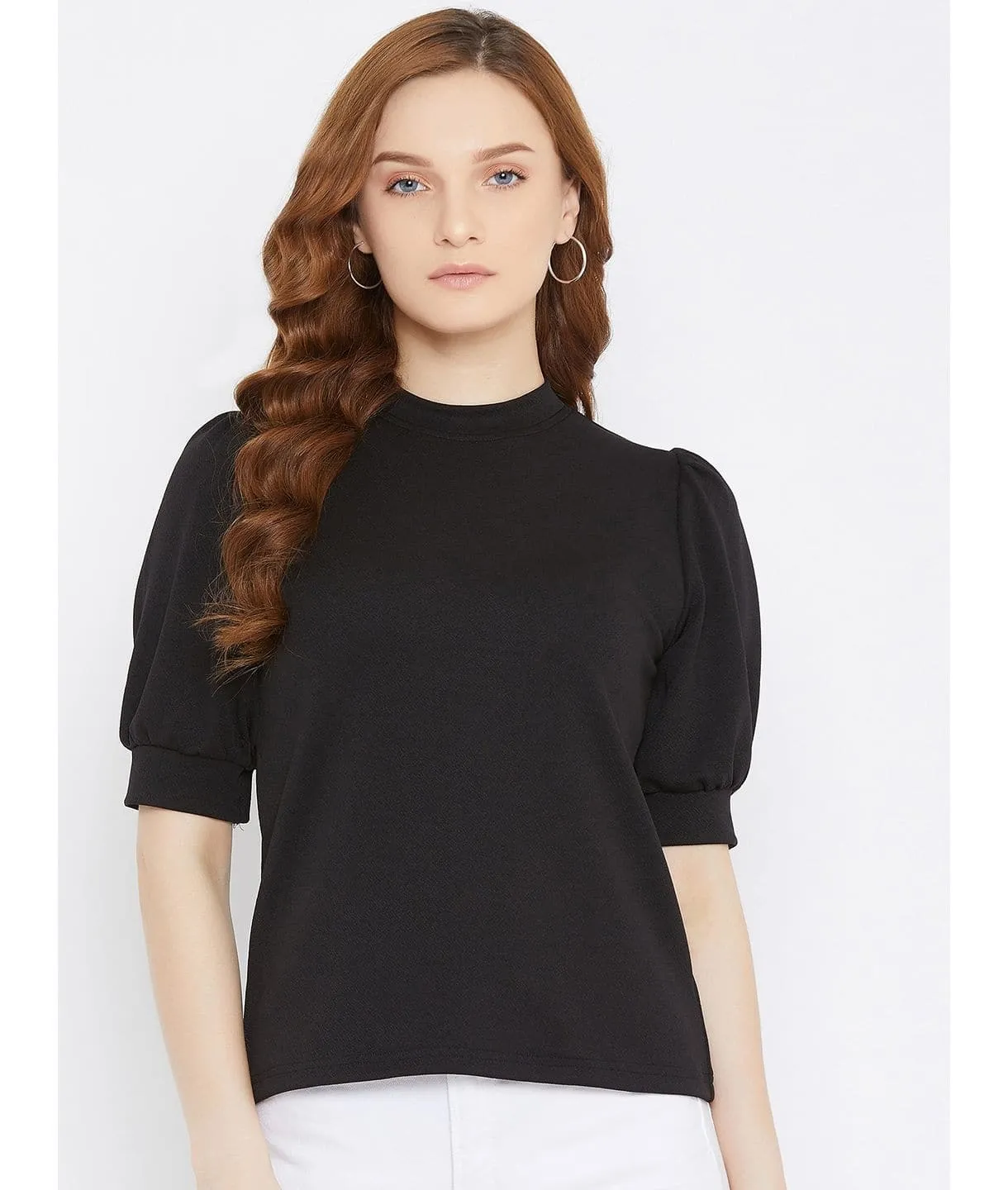 Plus Cotton Solid Stretchable Puff Sleeve Top