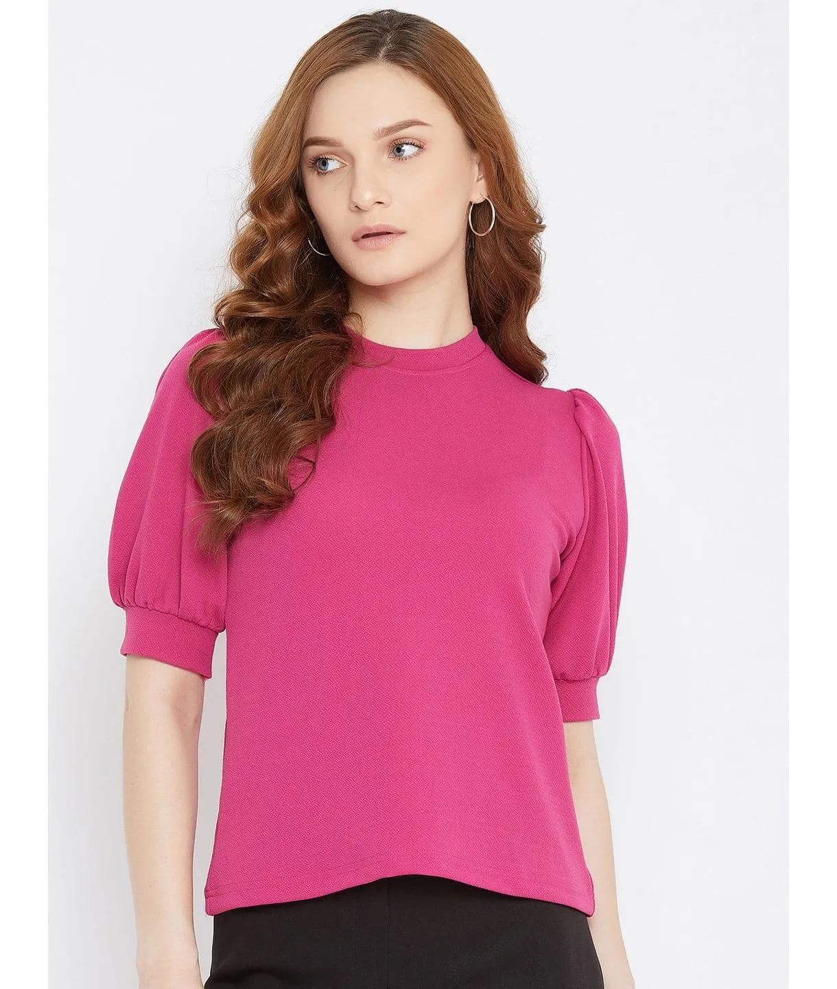 Plus Cotton Solid Stretchable Puff Sleeve Top