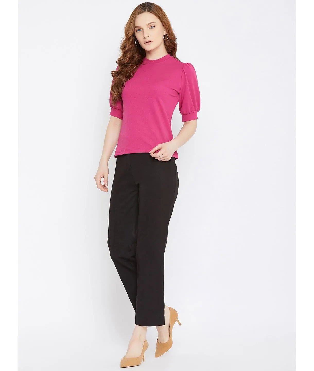 Plus Cotton Solid Stretchable Puff Sleeve Top