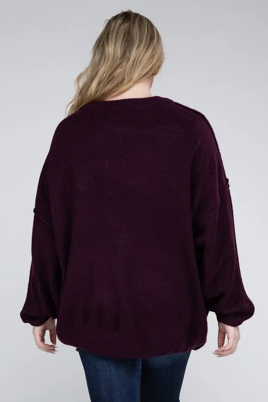 Plus Oversized Round Neck Raw Seam Melange Sweater