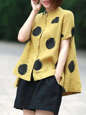 Plus Size Polka Dot Cotton Linen Stand Collar Shirt