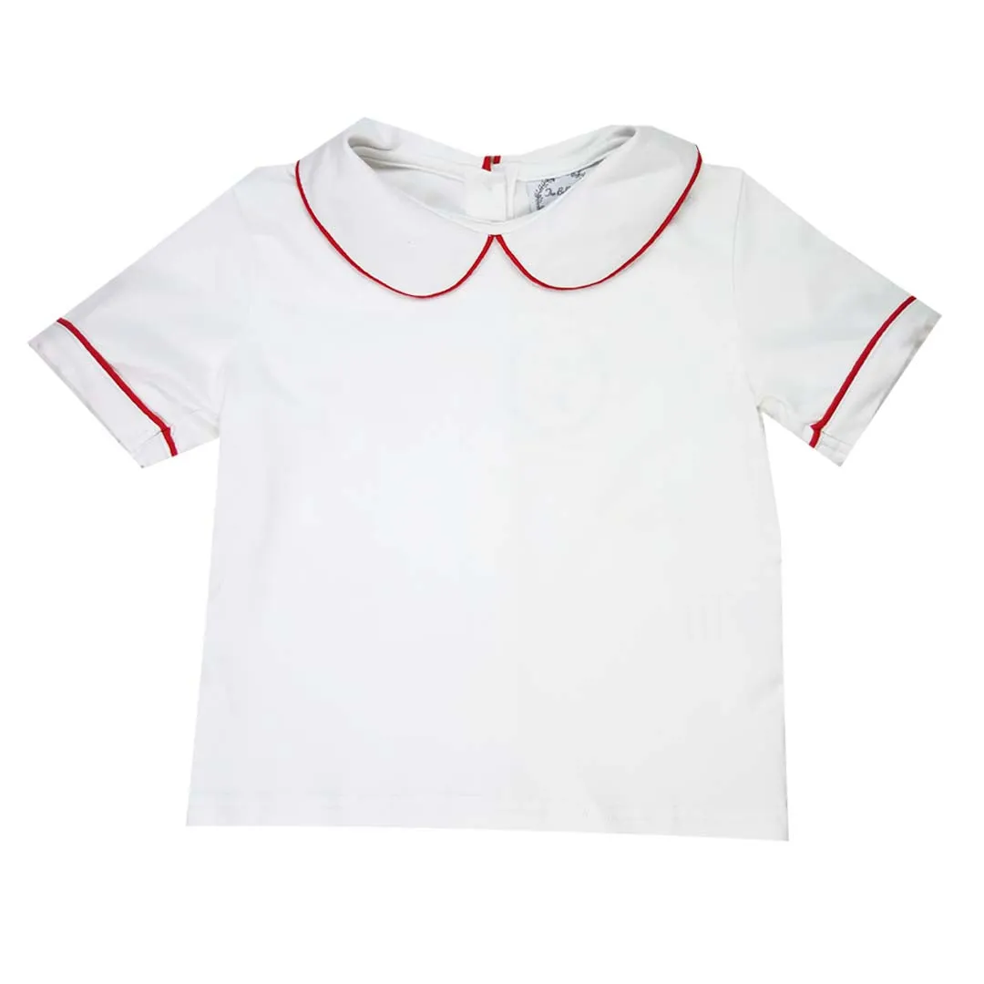 Red Boys Trimmed Peter Pan White Knit Shirt