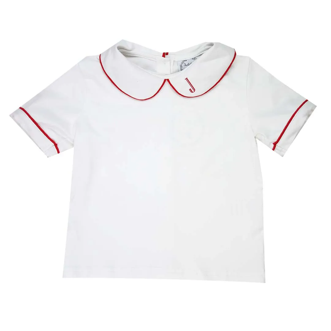 Red Boys Trimmed Peter Pan White Knit Shirt