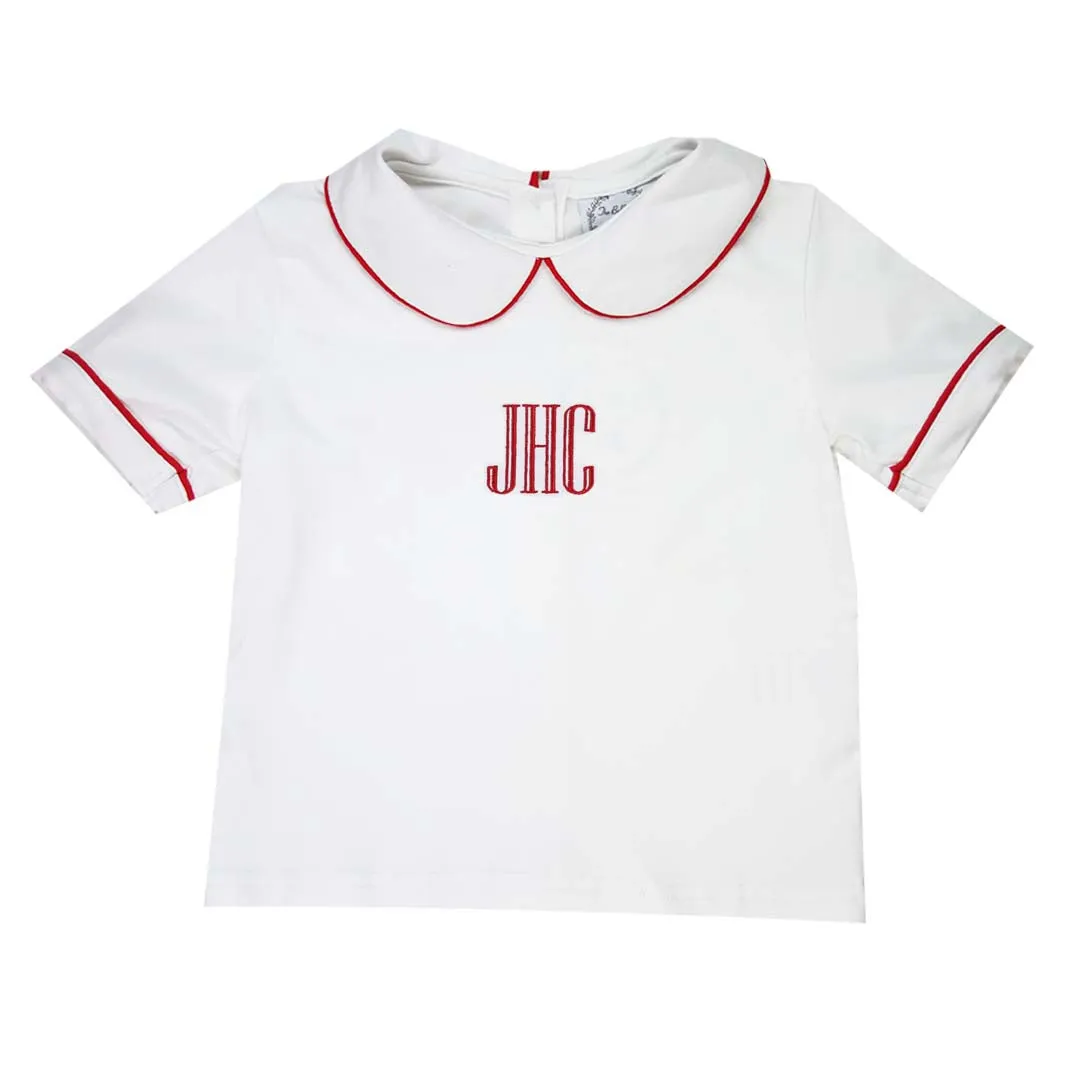 Red Boys Trimmed Peter Pan White Knit Shirt