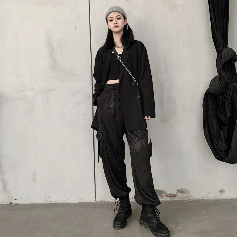 Retro Harajuku Streetwear Summer Cargo Pants with Dragon Prints Loose Fit Thin Jogger High Waist Casual Pants