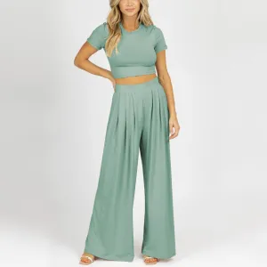 Short-Sleeved Wide-Leg Mopping Pants Wholesale Two Piece Sets