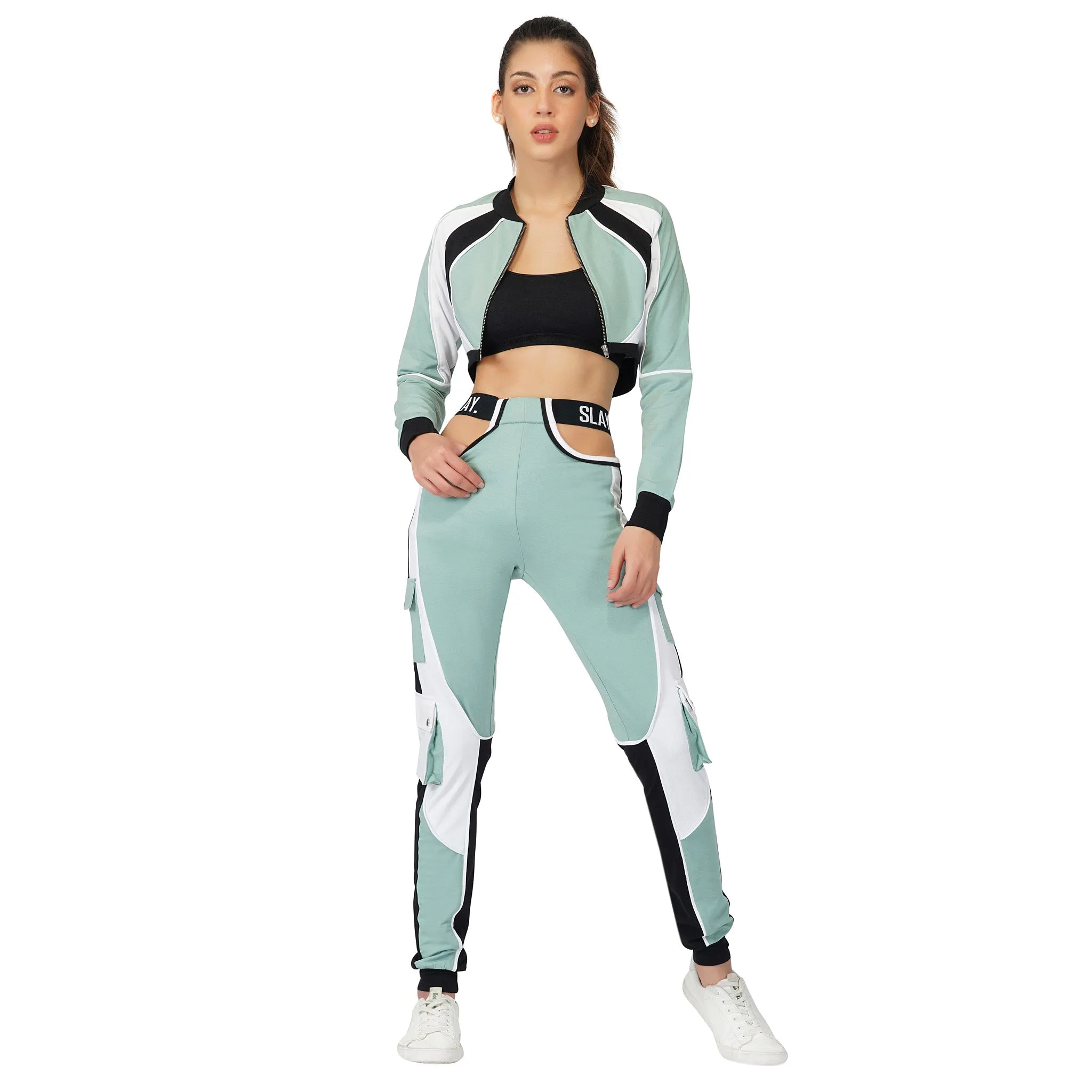 SLAY. Women's Turquoise Colorblock Crop Jacket