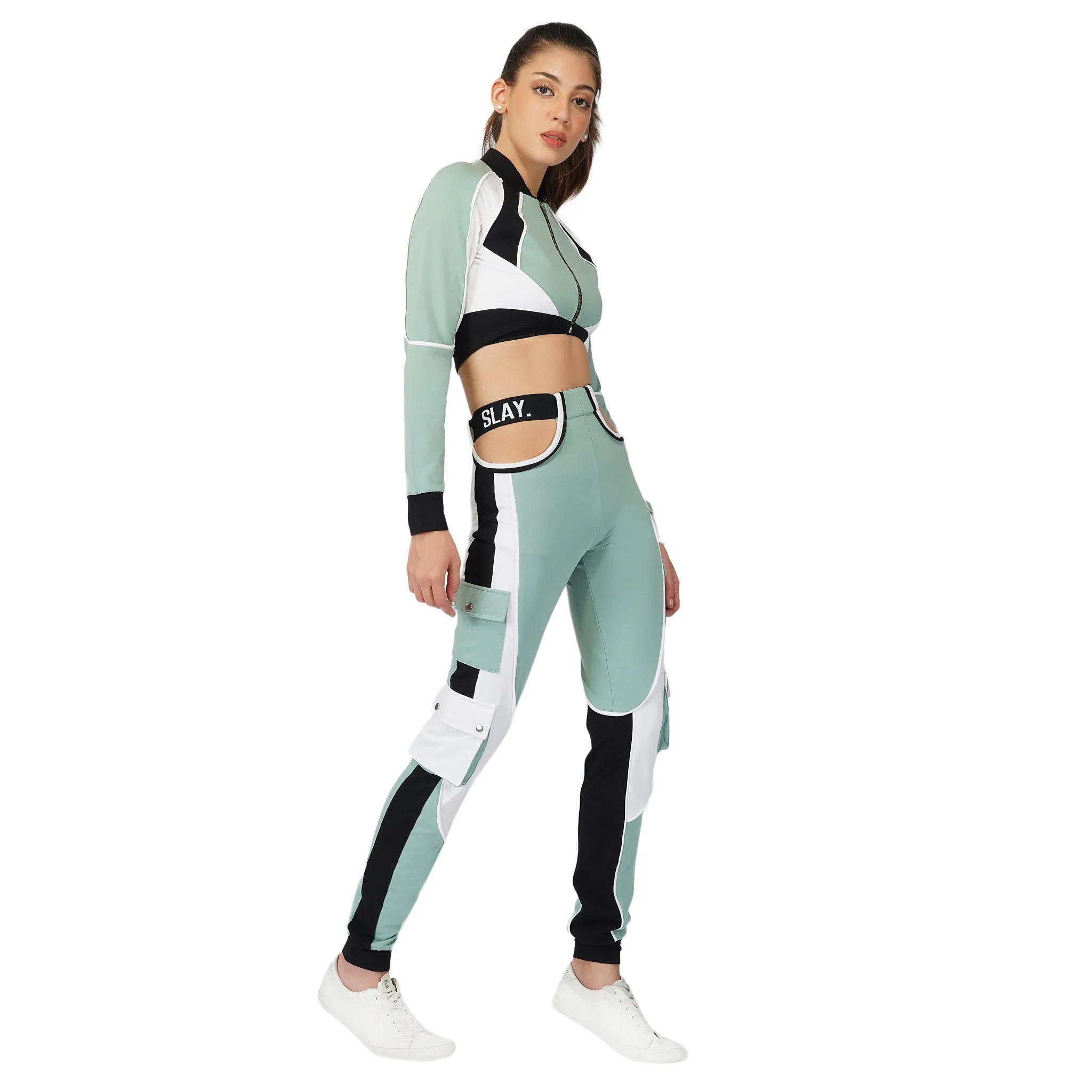 SLAY. Women's Turquoise Colorblock Crop Jacket