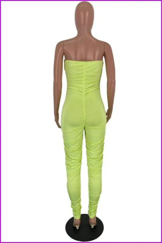 Solid Color Ruched Skinny Strapless JumpsuitDE954