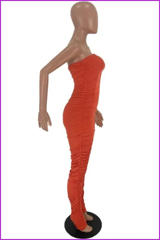 Solid Color Ruched Skinny Strapless JumpsuitDE954