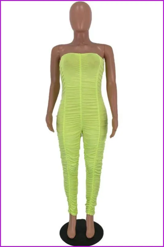 Solid Color Ruched Skinny Strapless JumpsuitDE954