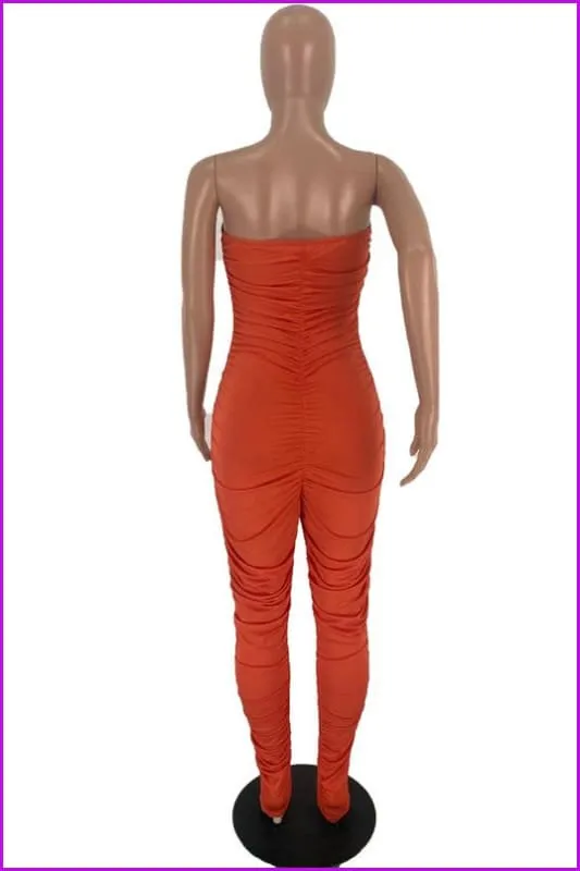 Solid Color Ruched Skinny Strapless JumpsuitDE954