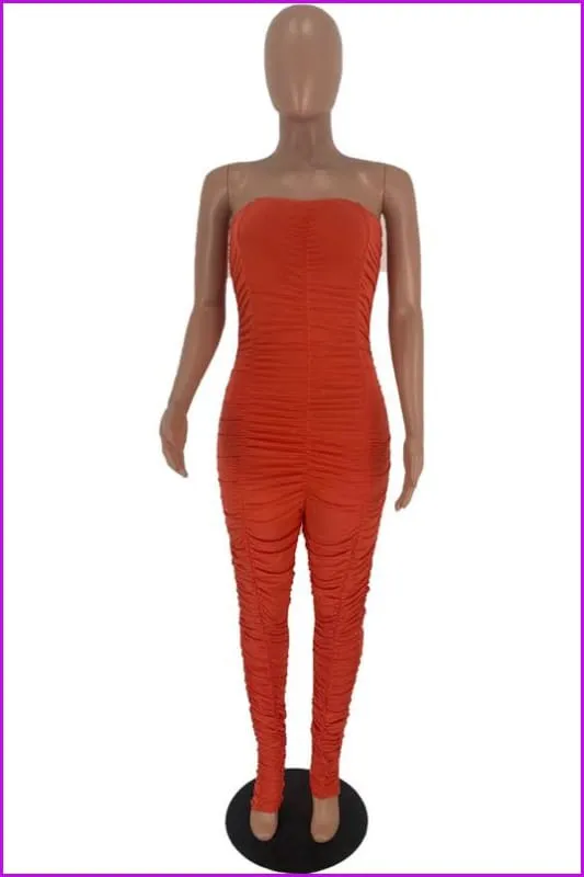 Solid Color Ruched Skinny Strapless JumpsuitDE954