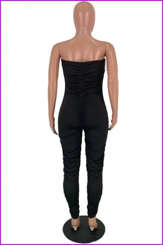 Solid Color Ruched Skinny Strapless JumpsuitDE954