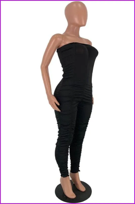 Solid Color Ruched Skinny Strapless JumpsuitDE954