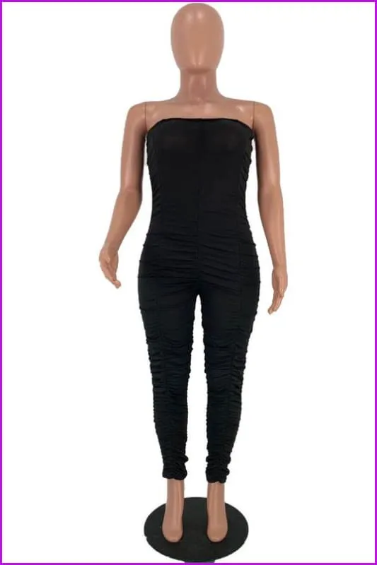 Solid Color Ruched Skinny Strapless JumpsuitDE954