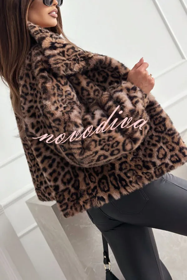 Stylish Leopard Print Lapel Long Sleeve Short Coat