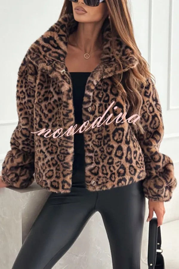 Stylish Leopard Print Lapel Long Sleeve Short Coat