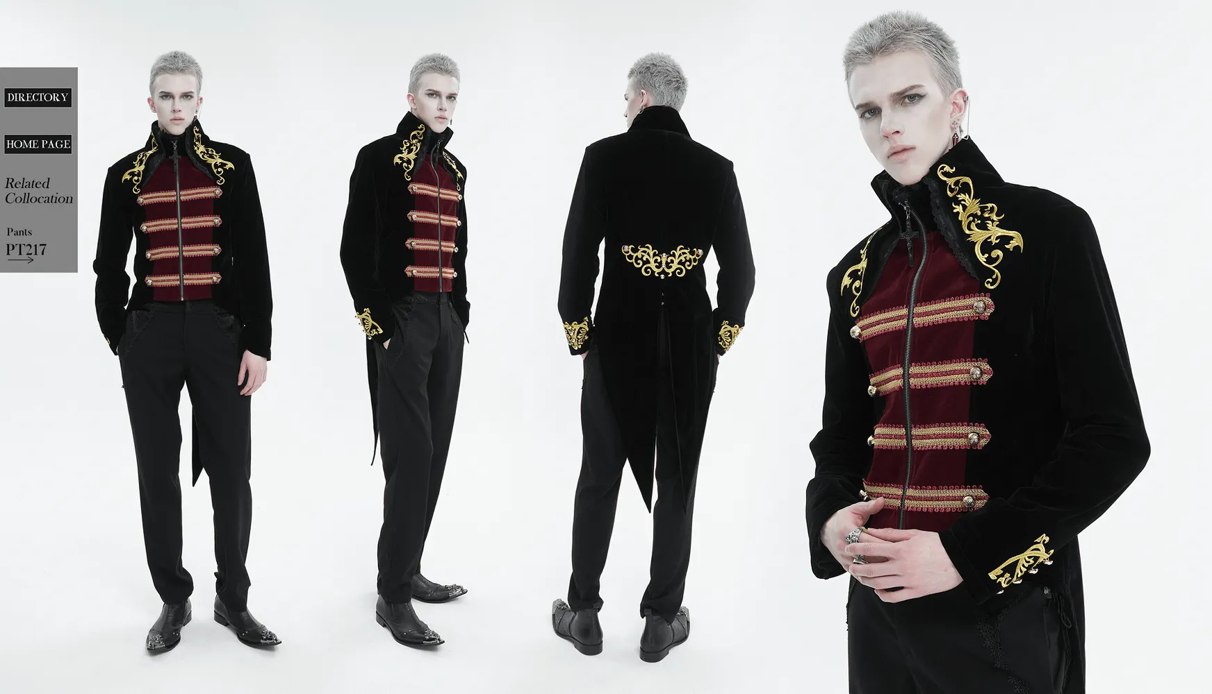 Vintage Stand-Up Collar Tailcoat with Gold Embroidery / Stylish Gothic Clothes