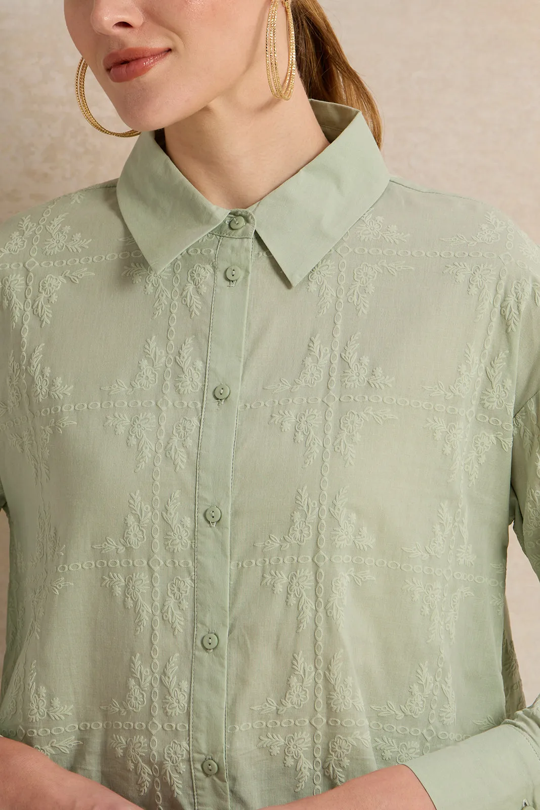 Women Green Cotton Printed Button Down Blouse