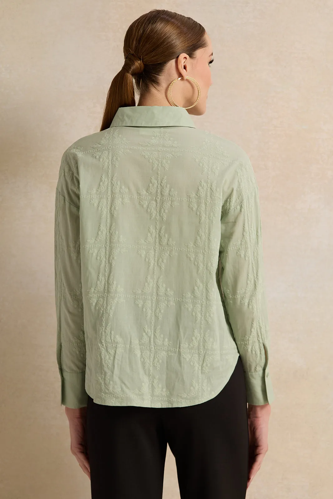 Women Green Cotton Printed Button Down Blouse