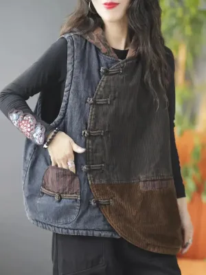 Women Spliced Corduroy Hooded Vest Coat