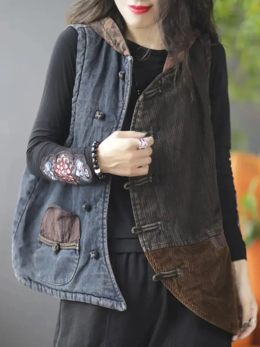 Women Spliced Corduroy Hooded Vest Coat