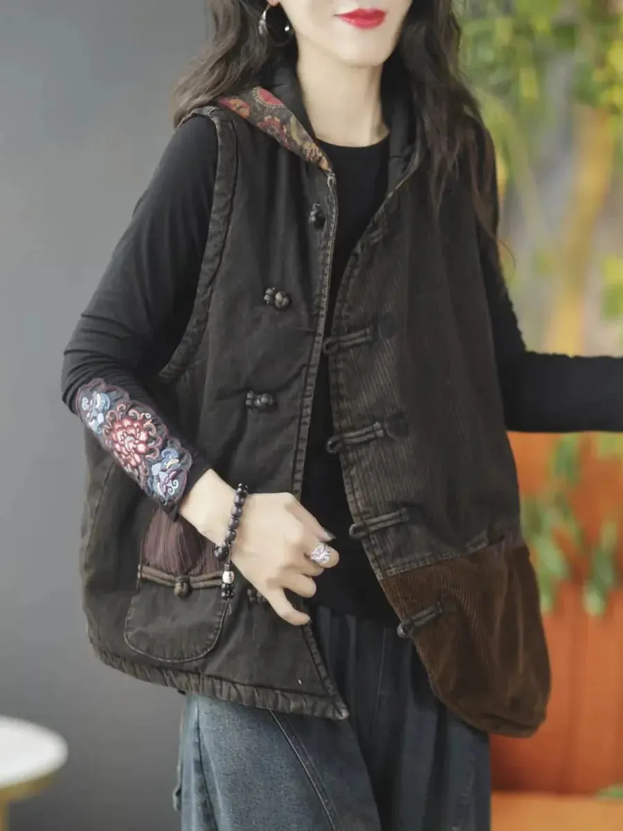 Women Spliced Corduroy Hooded Vest Coat