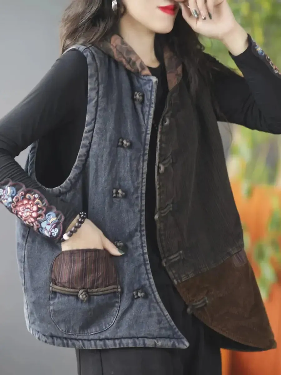 Women Spliced Corduroy Hooded Vest Coat